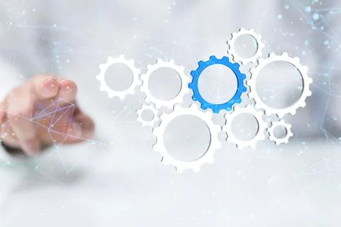 3D render of gear system data connecting lines and dots, a concept of a Big data Foto stock