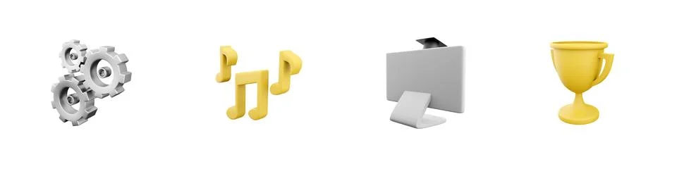 3d render gear,music notes,computer,awar icon set on white background. 3d イラスト素材