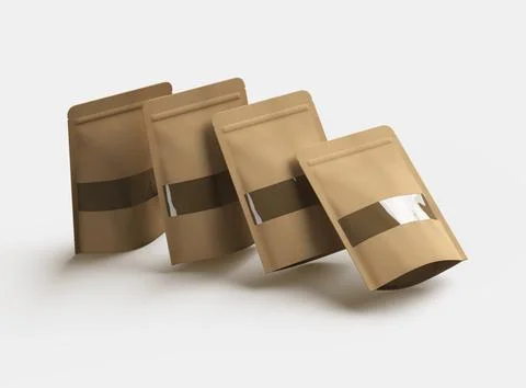 3D render of a generic paper doypack with the window hole on a light background Stock Illustration