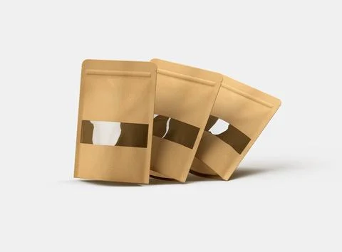 3D render of a generic paper doypack with the window hole on a light background Stock Illustration
