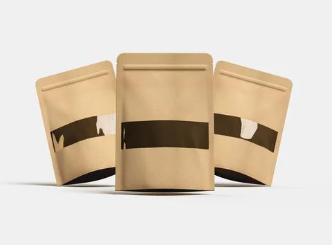 3D render of a generic paper doypack with the window hole on a light background Stock Illustration