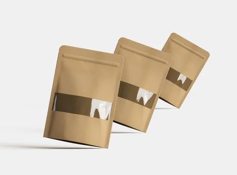 3D render of a generic paper doypack with the window hole on a light background Stock Illustration