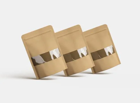 3D render of a generic paper doypack with the window hole on a light background Illustrazione stock