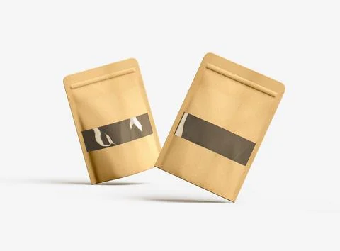 3D render of a generic paper doypack with the window hole on a light background Stock Illustration