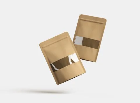 3D render of a generic paper doypack with the window hole on a light background Stock Illustration