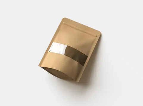3D render of a generic paper doypack with the window hole on a light background Stock Illustration