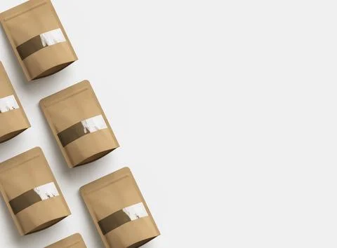 3D render of a generic paper doypack with the window hole on a light background Stock Illustration