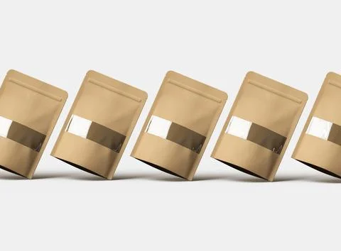 3D render of a generic paper doypack with the window hole on a light background Stock Illustration