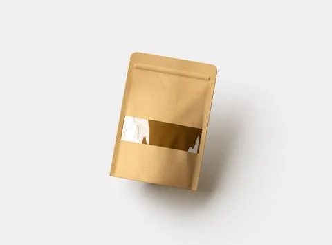 3D render of a generic paper doypack with the window hole on a light background Illustrazione stock