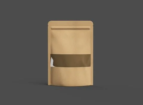 3D render of a generic paper doypack with the window hole on a dark background Stock-Illustration