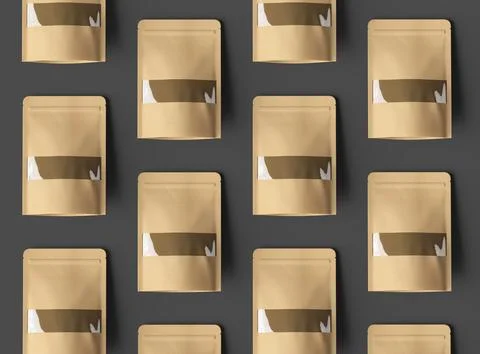 3D render of a generic paper doypack with the window hole on a dark background Illustrazione stock