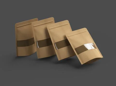 3D render of a generic paper doypack with the window hole on a dark background Illustrazione stock