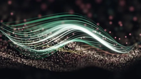 3D Render A gentle cosmic dance of luminous wavy lines that pulse through a dark Stock Footage 340297488