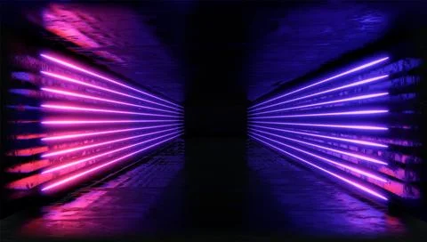 3d render. Geometric figure in neon light against a dark tunnel. Laser glow. Stock Illustration