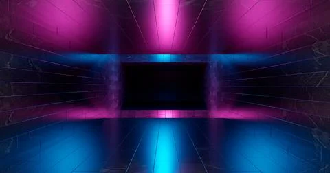 3d render. Geometric figure in neon light against a dark tunnel. Laser glow. Stock Illustration