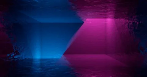 3d render. Geometric figure in neon light against a dark tunnel. Laser glow. Stock Illustration