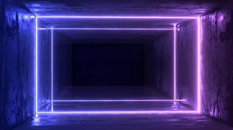 3d render. Geometric figure in neon light against a dark tunnel. Laser glow. Stock Illustration