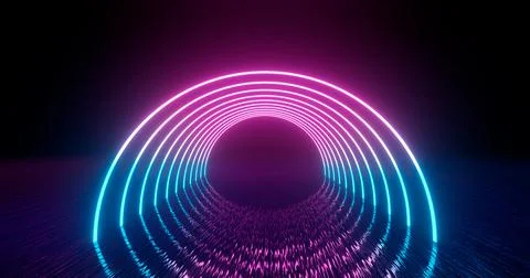 3d Render. Geometric figure in neon light against a dark tunnel. Laser glow. Illustrazione stock