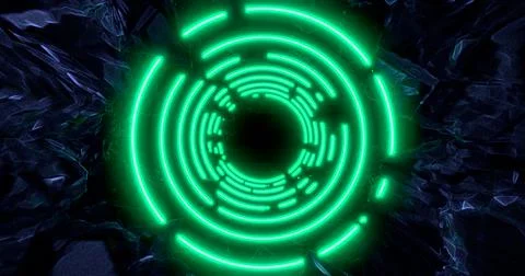 3d render. Geometric figure in neon light against a dark tunnel. Laser line g Illustrazione stock