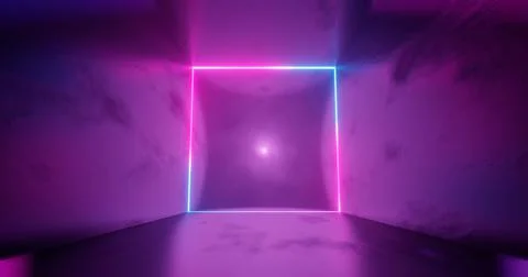 3d render. Geometric figure in neon light against a dark tunnel. Laser line g Stock Illustration