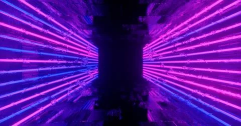 3d render. Geometric figure in neon light against a dark tunnel. Laser line g Stock Illustration
