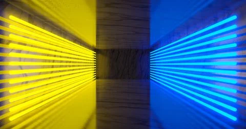 3d render. Geometric figure in neon light against a dark tunnel. Laser glow. Stock Illustration