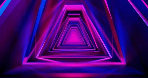 3d render. Geometric figure in neon light against a dark tunnel. Laser glow. Stock Illustration