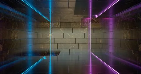 3d render. Geometric figure in neon light against a dark tunnel. Laser glow. Stock Illustration