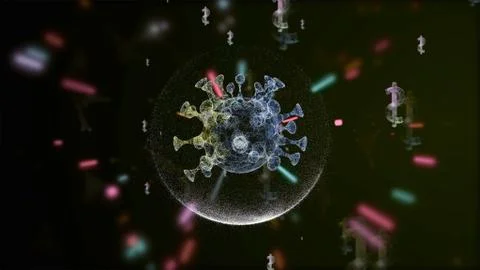 3d render of germ inside a transparent bubble attacked by laser particles over Ilustração Stock