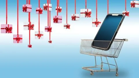 3D Render gift box and smart phone for online shopping Stock Illustration