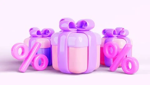 3d render gift boxes with percent sign. Sale promotion banner, closed package Stock-Illustration
