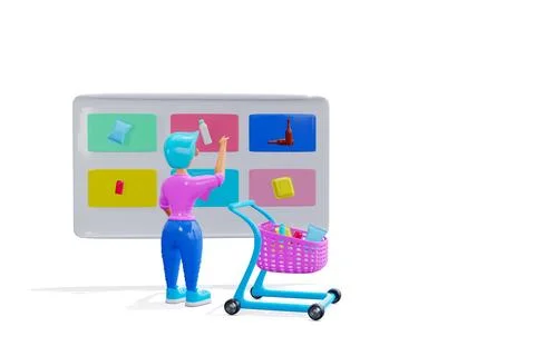 3d render. The girl chooses products on the big screen. イラスト素材