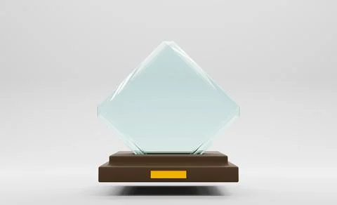 3d render, glass award trophy or winner prize on wooden pedestal, front view Illustrazione stock