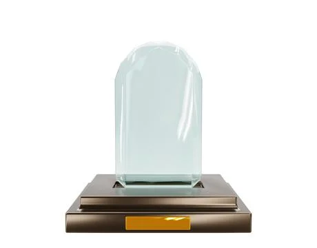 3d render, glass award trophy or winner prize on wooden pedestal, front view Stock Illustration