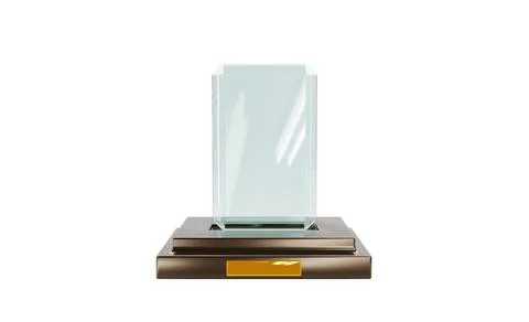3d render, glass award trophy or winner prize on wooden pedestal, front view Stock Illustration