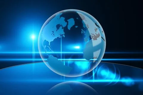 3D-render glass Earth globe floating over reflective base showing continents 스톡 일러스트