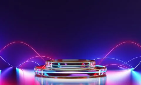 3d render glass podium display, empty stage in neon lights, pedestal with laser Stock Illustration