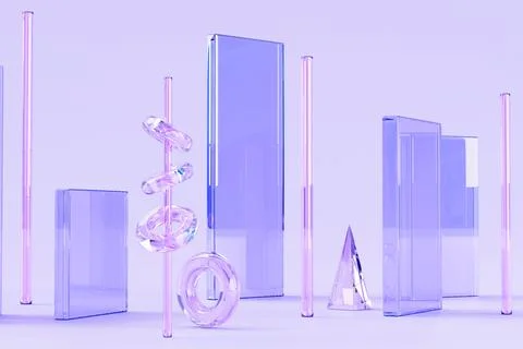 3d render glass rectangle blocks with crystal pillars, rings and triangle on Illustrazione stock
