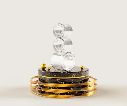 3d render glass transparent clear cylinders on black marble stone stand podium Stock Illustration