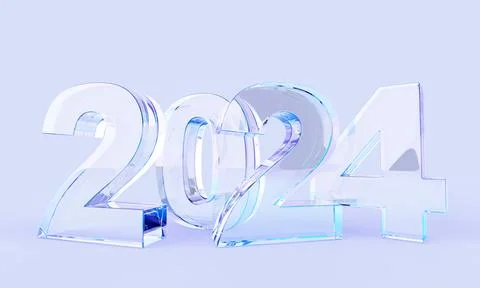3d render glass transparent clear 2024 numbers, ice figures on blue background Stock Illustration