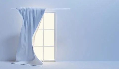3d render, glass window with blackout curtain, flying silk material hanging on Illustrazione stock