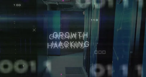 3D render glitching digital text reading GROWTH HACKING scrolling data center Stock Footage 309145776