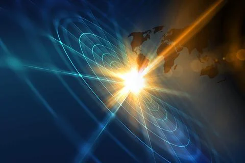 3D render of global block-chain network technology background with sun flare eff Illustrazione stock