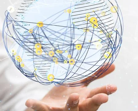 3D render of the Global Network on a male hand palm Foto stock