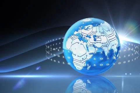 3D render globe with circuitry is glowing above shiny base emitting binary Stock Illustration