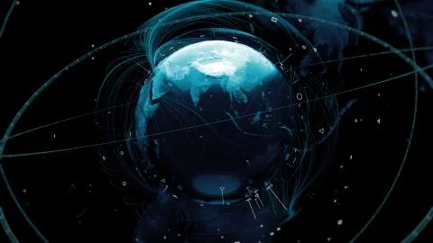.3d render of globe. Digital background with planet surrounded with particles Stock Illustration