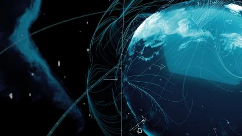 .3d render of globe. Digital background with planet surrounded with particles Stock Illustration