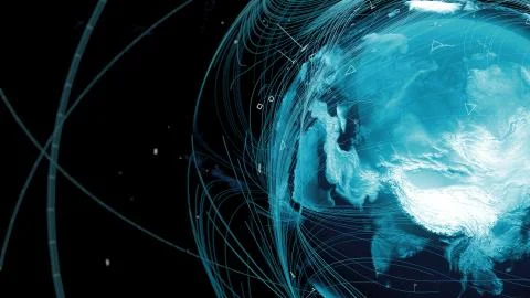 .3d render of globe. Digital background with planet surrounded with particles Stock Illustration