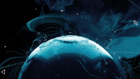 .3d render of globe. Digital background with planet surrounded with particles Stock Illustration