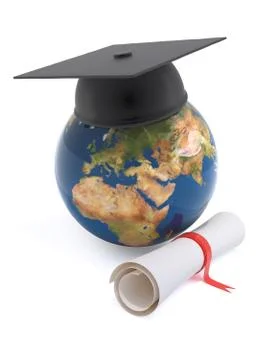 3d render of a globe of the Earth with mortar board and diploma scroll Stock Illustration